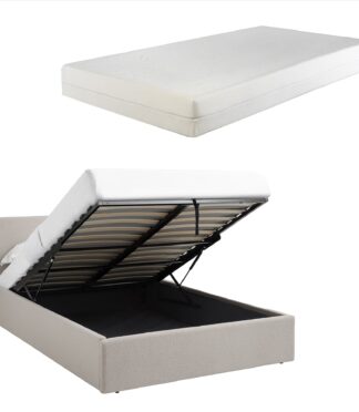 TEDDY BOUCLE 4FT Small Double Beige Ottoman Storage Bed Gas Lift Up - (L) 203cm x (W) 138cm with 20cm Memory Foam Mattress