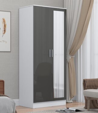 Reflect 2 Door Mirrored Wardrobe - Grey Gloss & Matt White - Hanging Rails & Shelves - H: 180cm x W: 76cm - Modern Sleek Design