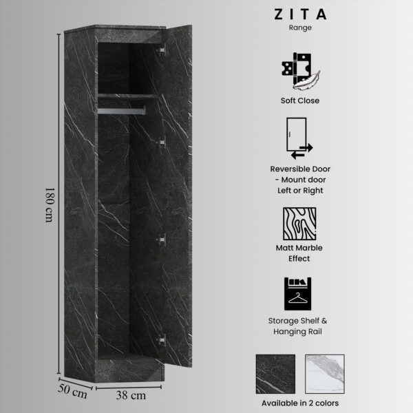 ZITA Compact 1-Door Wardrobe in Grey Marble Effect - Bedroom Storage, (L) 50cm x (W) 37.5cm x (H) 180cm, Stylish and Space-Saving - Image 8