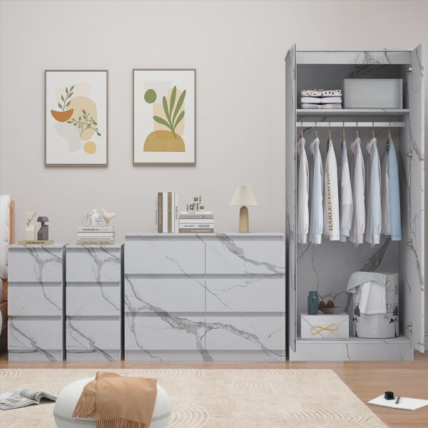 ZITA 4pc Set - 2 Door Wardrobe + Wide Chest + 2 Bedsides in White OR Grey Marble - Image 2