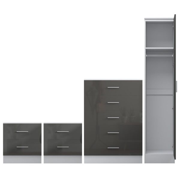 Reflect 1 Door Plain Wardrobe, 5 Drawer Chest, 2x 2 Drawer Bedsides - Grey Gloss & Matt White - Modern Bedroom Furniture Set - Image 6