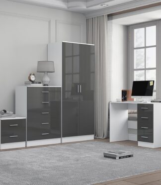 Reflect 2 Door Plain Wardrobe, 5 Drawer Chest, 2 Drawer Bedside & Desk - Grey Gloss & Matt White - Modern Bedroom Furniture Set