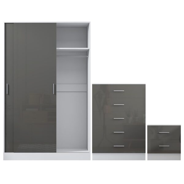Reflect 2 Door Sliding Wardrobe, 5 Drawer Chest, 2 Drawer Bedside - Grey Gloss & Matt White - Modern Bedroom Furniture Set - Image 8