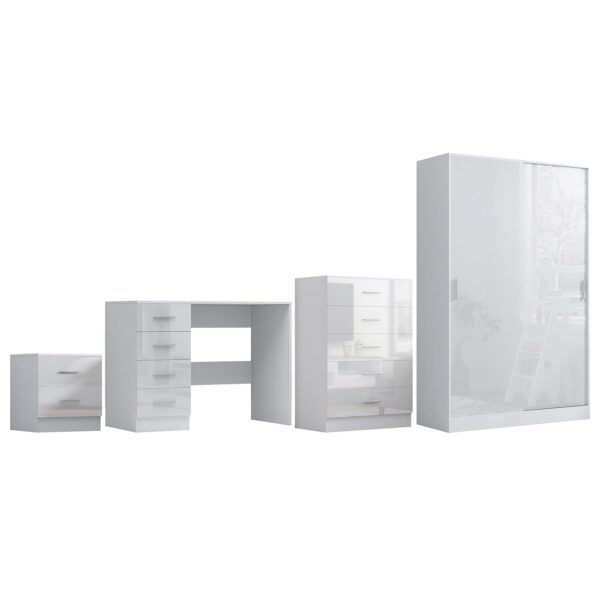 Reflect 2 Door Sliding Wardrobe, 5 Drawer Chest, 2 Drawer Bedside & Desk - White Gloss & Matt White - Modern Bedroom Furniture Set - Image 6