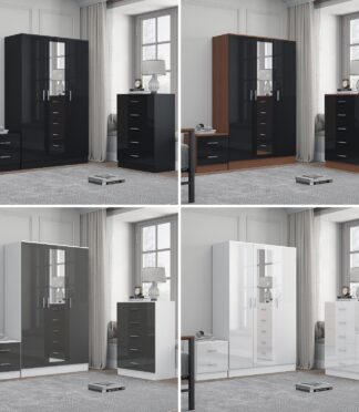 REFLECT Gloss 3pc Set - 3 Door Mirrored Wardrobe + 5 Draw Chest + Bedside