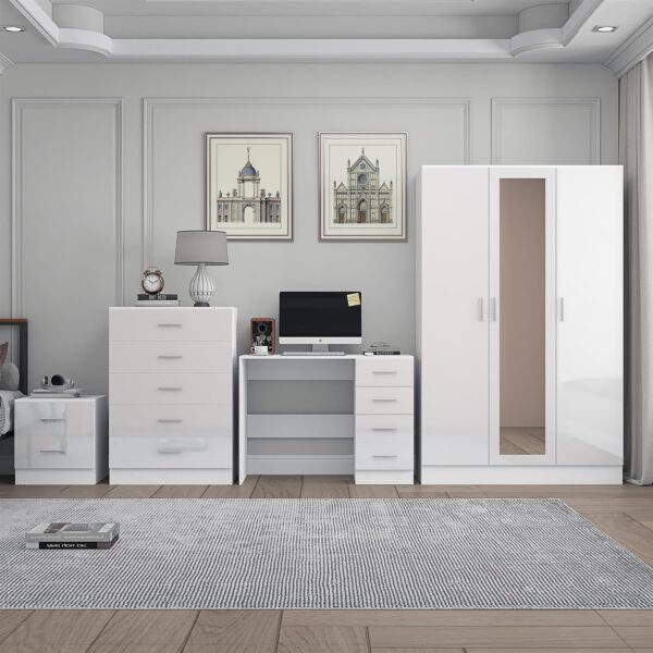 Reflect 3 Door Mirror Wardrobe, 5 Drawer Chest, 2 Drawer Bedside & Desk - White Gloss & Matt White - Modern Bedroom Furniture Set - Image 3