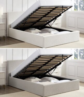 TEDDY Beige Boucle Fabric Ottoman Storage Bedframe - 2 Colour + 3 Size Options