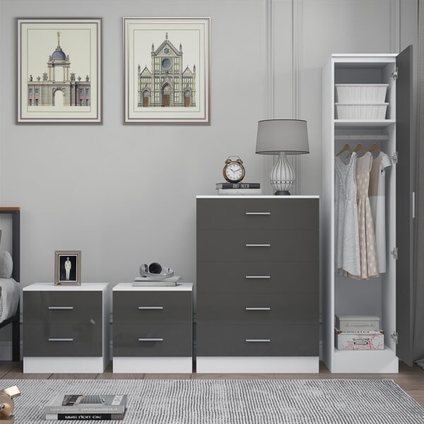 Reflect 1 Door Plain Wardrobe, 5 Drawer Chest, 2x 2 Drawer Bedsides - Grey Gloss & Matt White - Modern Bedroom Furniture Set - Image 3