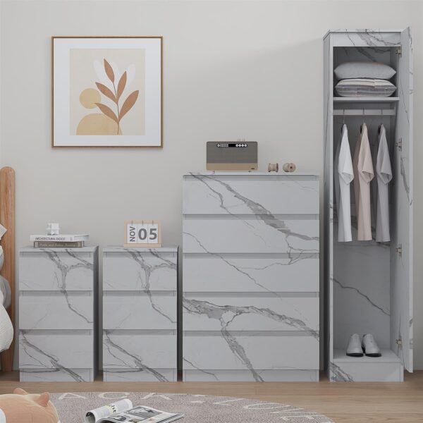 ZITA 4pc Set - 1 Door Wardrobe + Tall Chest + 2 Bedsides in White OR Grey Marble - Image 13