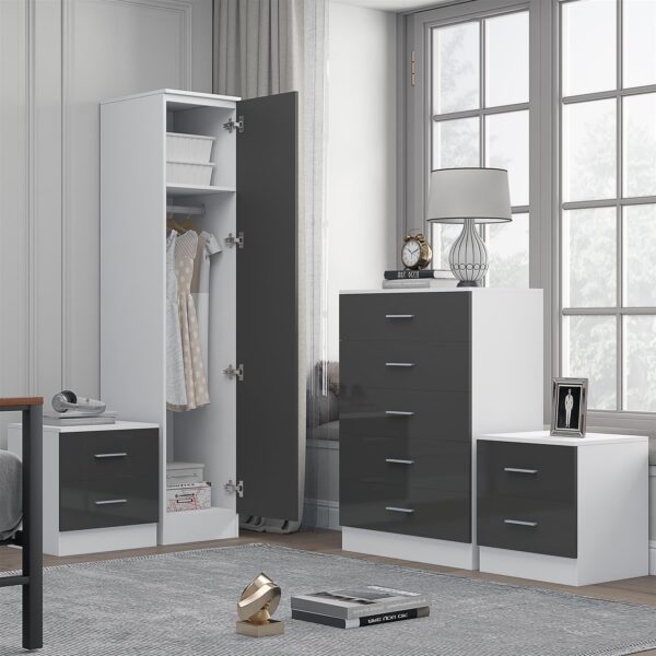 Reflect 1 Door Plain Wardrobe, 5 Drawer Chest, 2x 2 Drawer Bedsides - Grey Gloss & Matt White - Modern Bedroom Furniture Set - Image 2