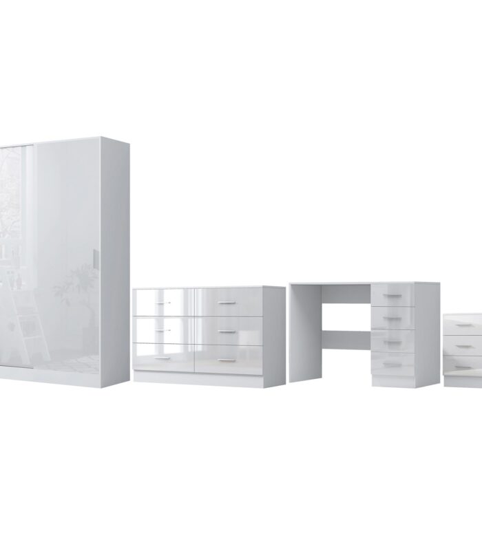 REFLECT Gloss 4pc Set - 2 Door Sliding Wardrobe + Wide Chest + Bedside + Desk.