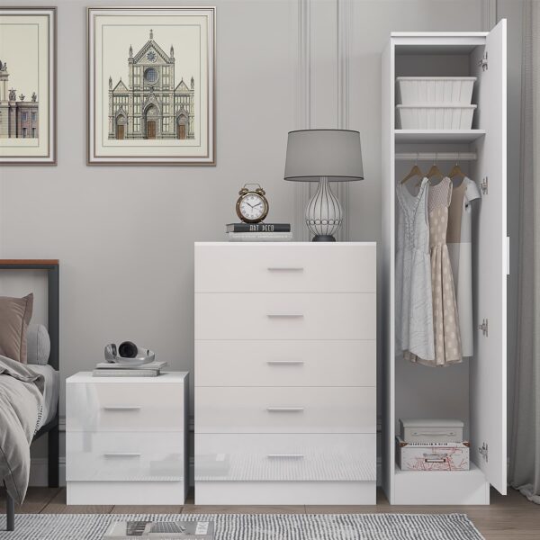 Reflect 1 Door Plain Wardrobe, 5 Drawer Chest, 2 Drawer Bedside - White Gloss & Matt White - Bedroom Furniture Set - Image 8
