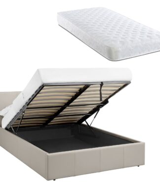 LUNA 3FT Single Cream Beige Ottoman Storage Bed Gas Lift & 17cm Spring Mattress Faux Leather - L: 203cm x W: 108cm x H: 88.5cm