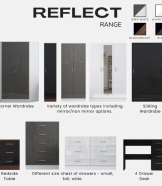 REFLECT Gloss Bedroom Furniture Wardrobe Chest Bedside Desk - 4 Colour Options