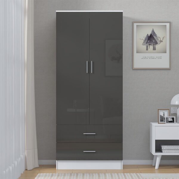 Reflect 2 Door 2 Drawer Combi Plain Wardrobe - Grey Gloss & Matt White - Hanging Rails, Drawers & Shelf - H: 180cm x W: 76cm - Image 3