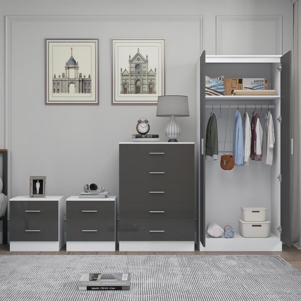 Reflect 2 Door Mirror Wardrobe, 5 Drawer Chest, 2x 2 Drawer Bedsides - Grey Gloss & Matt White - Modern Bedroom Furniture Set - Image 4