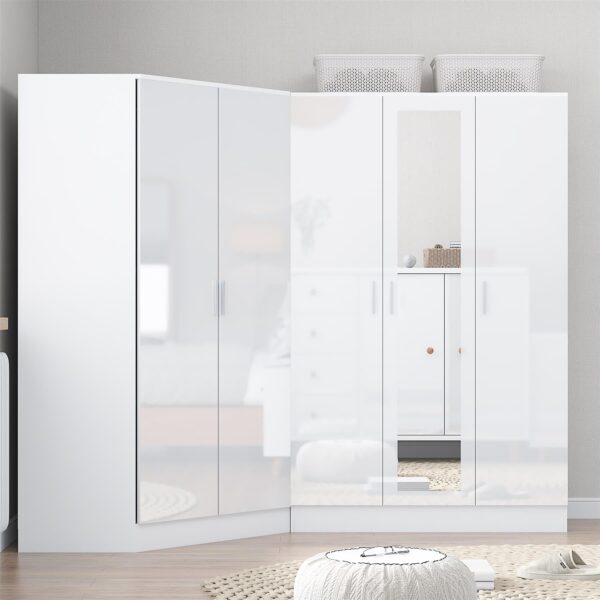 REFLECT Gloss 5 Door Wardrobe Bundle - 2 Door Corner + 3 Door Mirror Bedroom Set - Image 5