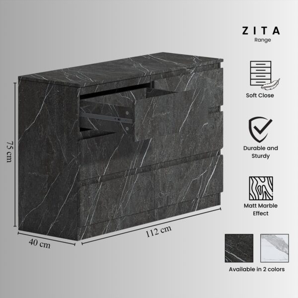ZITA Grey Marble Effect 6 Drawer Chest - Wide Storage Unit, (L) 40cm x (W) 112cm x (H) 75cm, Stylish Bedroom Storage - Image 7