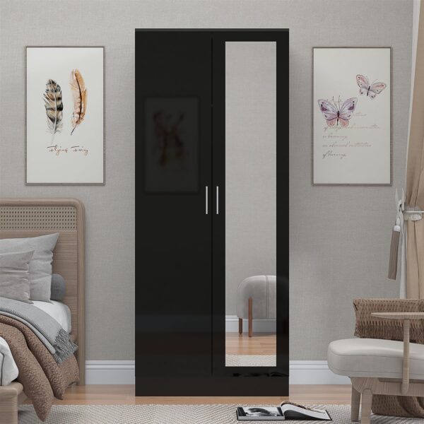 Reflect 2 Door Mirrored Wardrobe - Black Gloss & Black Oak - Hanging Rails & Shelves - H: 180cm x W: 76cm - Modern Sleek Design - Image 4