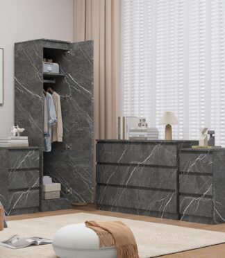 ZITA Grey Marble Effect 4pc Bedroom Set - 1-Door Wardrobe, Wide Chest & 2 Bedside Tables, Contemporary Bedroom Storage Solution