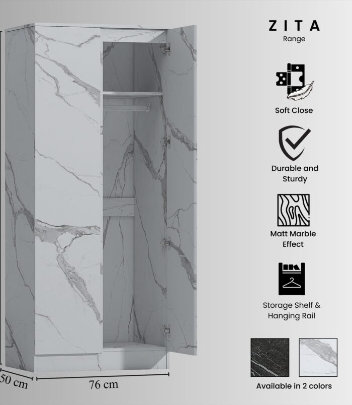 ZITA White Marble Effect 2 Piece Wardrobe Bundle - 2 x 2-Door Wardrobes, (L) 50cm x (W) 76cm x (H) 180cm.