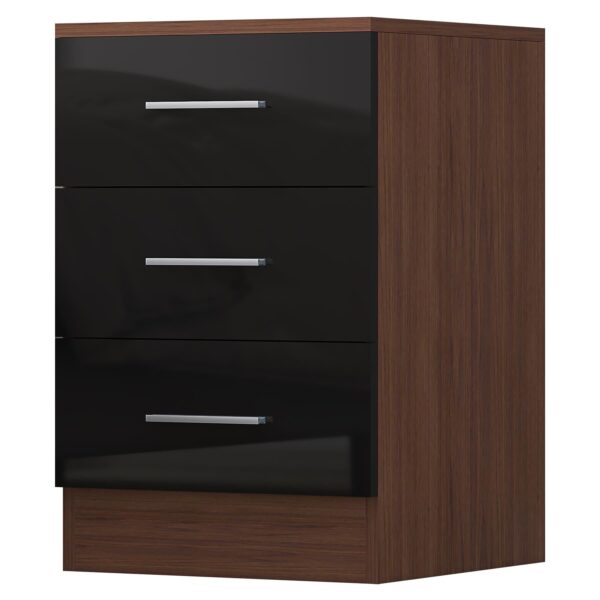 Reflect 3 Drawer Bedside - Black Gloss & Walnut - Modern Nightstand for Bedroom Storage - H: 59.5cm x W: 39.5cm x D: 38cm - Image 3