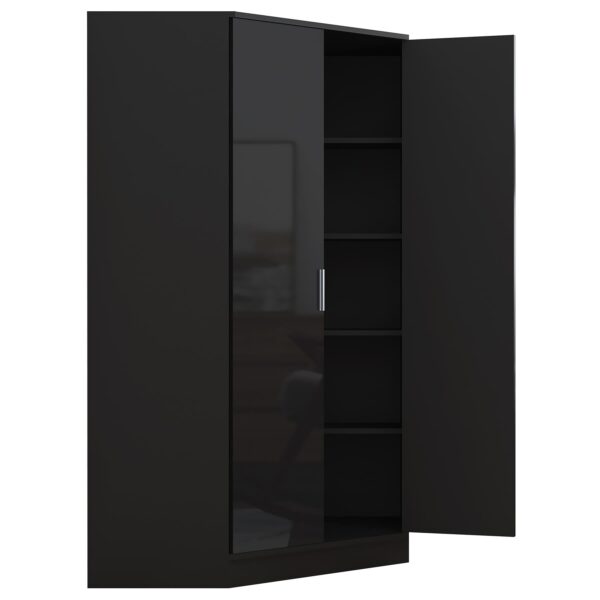 Reflect 2 Door Corner Wardrobe - Black Gloss & Black Oak - 2 Hanging Rails & 8 Shelves - H: 180cm x W: 103cm - Modern Design - Image 7