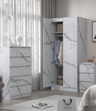 ZITA White Marble Effect 3 Piece Set - 2 Door Wardrobe, 5 Drawer Chest & 3 Drawer Bedside, Stylish Bedroom Storage