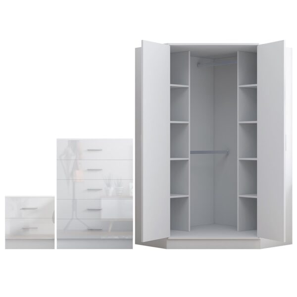 Reflect 2 Door Corner Wardrobe, 5 Drawer Chest, 2 Drawer Bedside - White Gloss & Matt White - Bedroom Furniture Set - Image 7