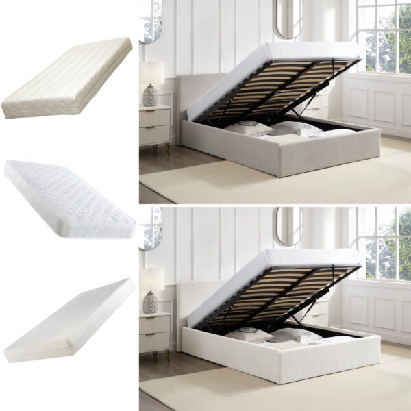 TEDDY Boucle Fabric Ottoman Storage Bed - 2 Colours + 4 Sizes + 6 Mattresses