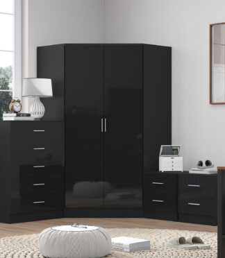 Reflect 2 Door Corner Wardrobe, 5 Drawer Chest, 2x 2 Drawer Bedsides - Black Gloss & Black Oak - Bedroom Furniture Set