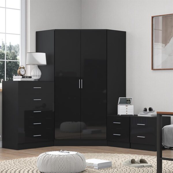 Reflect 2 Door Corner Wardrobe, 5 Drawer Chest, 2x 2 Drawer Bedsides - Black Gloss & Black Oak - Bedroom Furniture Set