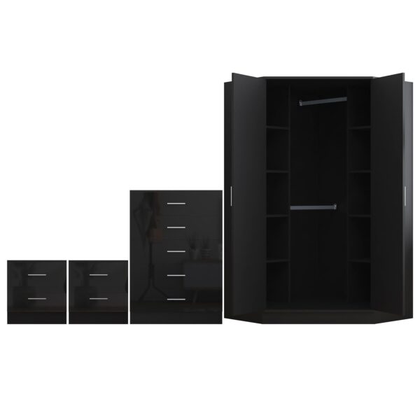 Reflect 2 Door Corner Wardrobe, 5 Drawer Chest, 2x 2 Drawer Bedsides - Black Gloss & Black Oak - Bedroom Furniture Set - Image 5