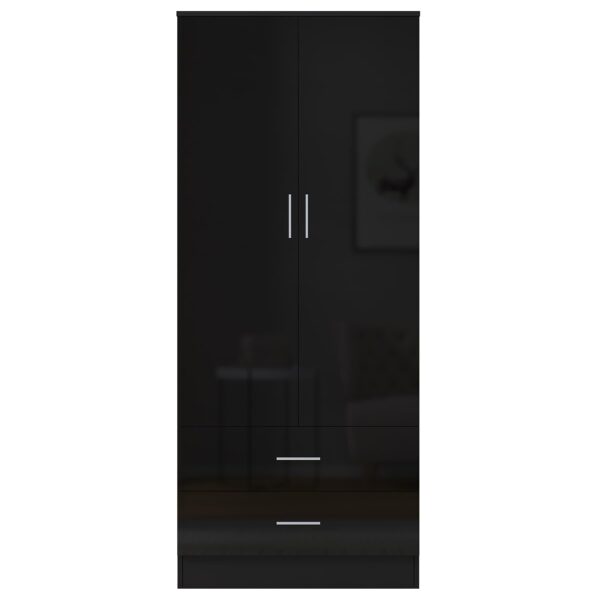 Reflect 2 Door 2 Drawer Combi Plain Wardrobe - Black Gloss & Black Oak - Hanging Rails, Drawers & Shelf - H: 180cm x W: 76cm - Image 3
