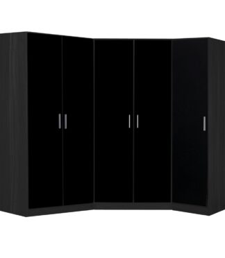 Reflect 3pc Wardrobe Bundle - 2 Door Corner + 2 Door Plain + 1 Door Plain - Black Gloss & Black Oak - H: 180cm x W: 179cm
