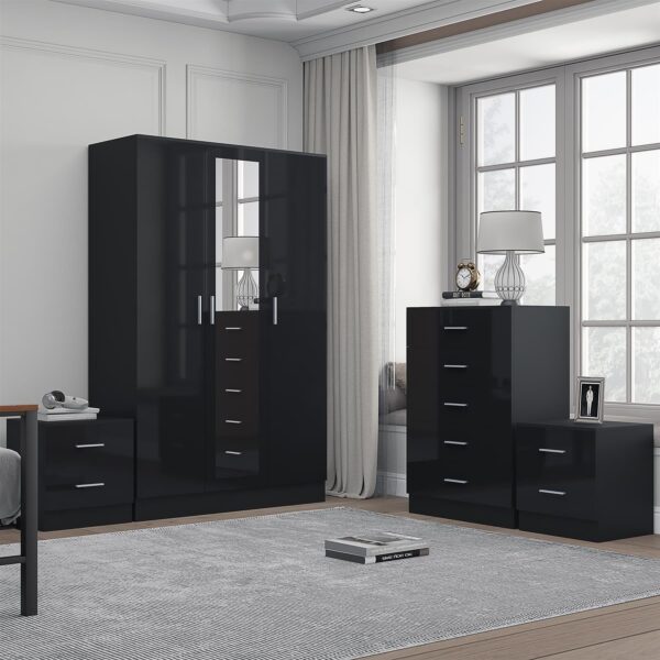 REFLECT Gloss 4pc Set - 3 Door Mirrored Wardrobe + 5 Draw Chest + 2 Bedsides - Image 24