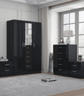 Reflect 3 Door Mirror Wardrobe, 5 Drawer Chest, 2x 2 Drawer Bedsides - Black Gloss & Black Oak - Modern Bedroom Furniture Set