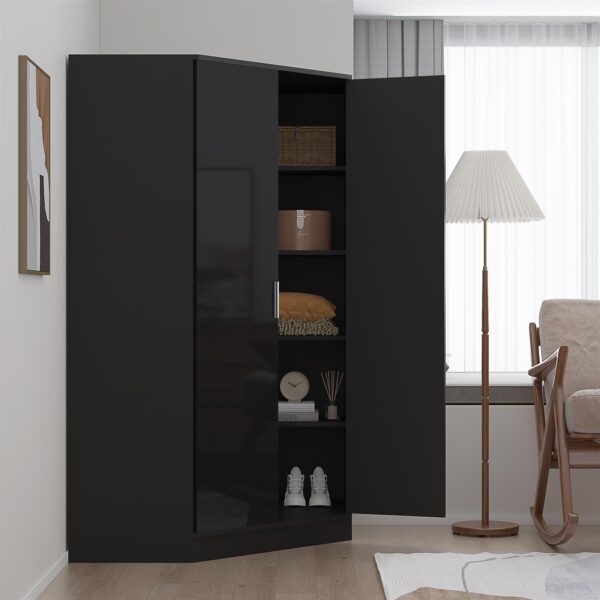 Reflect 2 Door Corner Wardrobe - Black Gloss & Black Oak - 2 Hanging Rails & 8 Shelves - H: 180cm x W: 103cm - Modern Design - Image 3