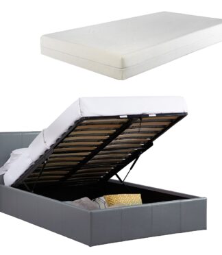 LUNA 4FT6 Double Grey Ottoman Storage Bed with Gas Lift & 20cm Thick Memory Foam Mattress - L: 203cm x W: 153cm x H: 88.5cm