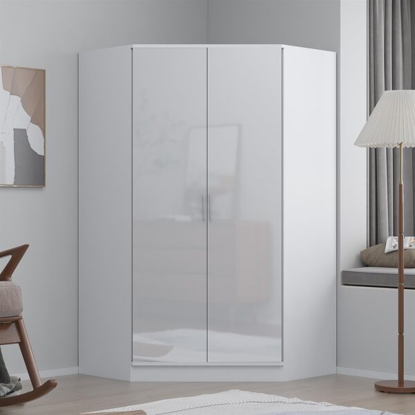 Reflect 2 Door Corner Wardrobe - White Gloss & Matt White - 2 Hanging Rails & 8 Shelves - H: 180cm x W: 103cm - Modern Design - Image 3