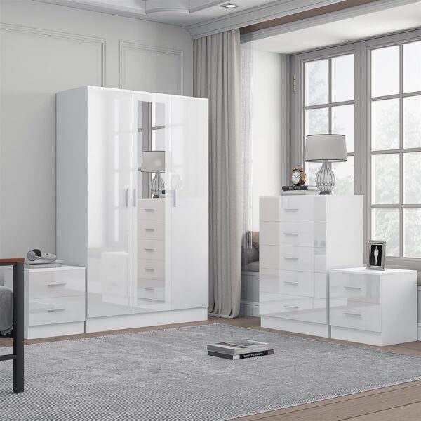 REFLECT Gloss 4pc Set - 3 Door Mirrored Wardrobe + 5 Draw Chest + 2 Bedsides - Image 35