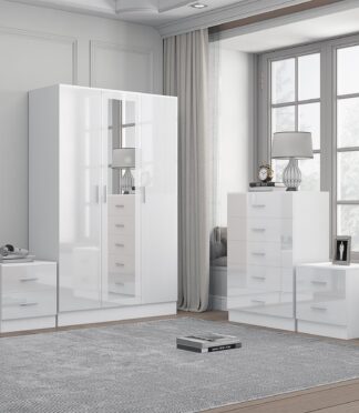 Reflect 3 Door Mirror Wardrobe, 5 Drawer Chest, 2x 2 Drawer Bedsides - White Gloss & Matt White - Modern Bedroom Furniture Set