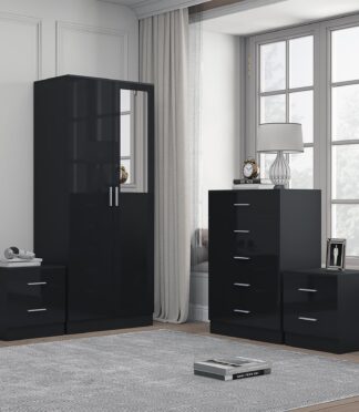 Reflect 2 Door Mirror Wardrobe, 5 Drawer Chest, 2x 2 Drawer Bedsides - Black Gloss & Black Oak - Modern Bedroom Furniture Set