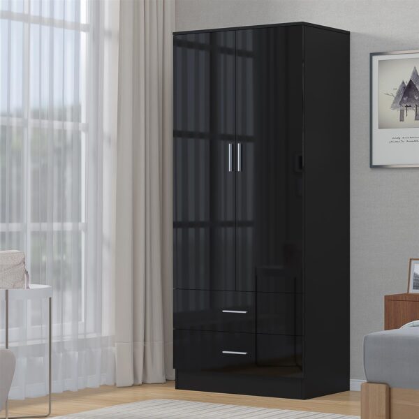 Reflect 2 Door 2 Drawer Combi Plain Wardrobe - Black Gloss & Black Oak - Hanging Rails, Drawers & Shelf - H: 180cm x W: 76cm - Image 2