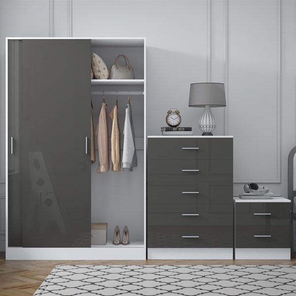 Reflect 2 Door Sliding Wardrobe, 5 Drawer Chest, 2 Drawer Bedside - Grey Gloss & Matt White - Modern Bedroom Furniture Set - Image 4
