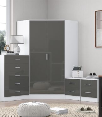 Reflect 2 Door Corner Wardrobe, 5 Drawer Chest, 2x 2 Drawer Bedsides - Grey Gloss & Matt White - Bedroom Furniture Set