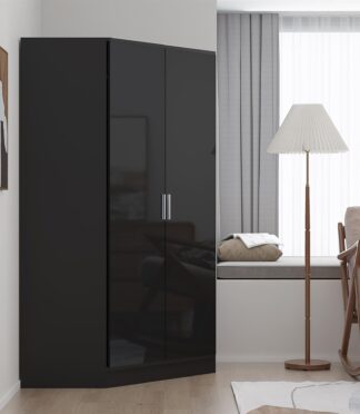 Reflect 2 Door Corner Wardrobe - Black Gloss & Black Oak - 2 Hanging Rails & 8 Shelves - H: 180cm x W: 103cm - Modern Design