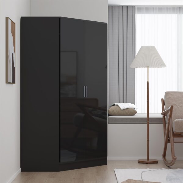 Reflect 2 Door Corner Wardrobe - Black Gloss & Black Oak - 2 Hanging Rails & 8 Shelves - H: 180cm x W: 103cm - Modern Design