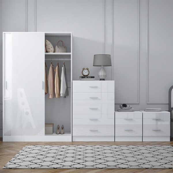 Reflect 2 Door Sliding Wardrobe, 5 Drawer Chest, 2x 2 Drawer Bedsides - White Gloss & Matt White - Modern Bedroom Furniture Set - Image 3