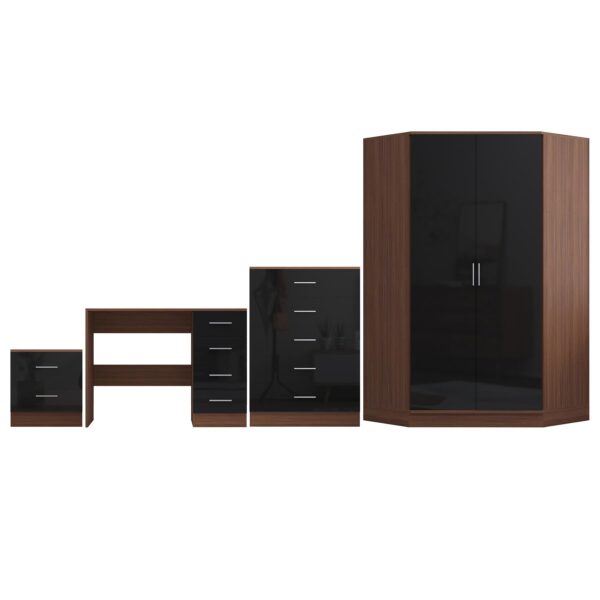Reflect 2 Door Corner Wardrobe, 5 Drawer Chest, 2 Drawer Bedside & Desk - Black Gloss & Walnut - Bedroom Furniture Set - Image 6